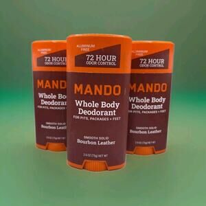 🌄 Three 3X Pack MANDO Whole Body Vegan Deodorant Smooth Solid Bourbon Leather